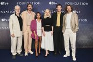 (L to R) Terrence Mann, Lee Pace, Lou Llobell, Laura Birn, Cassian Bilton and Pilou Asbæk attend a photocall for the launch of "Foundation" Season 3 on June 26, 2025 in London, England | Image via: Getty